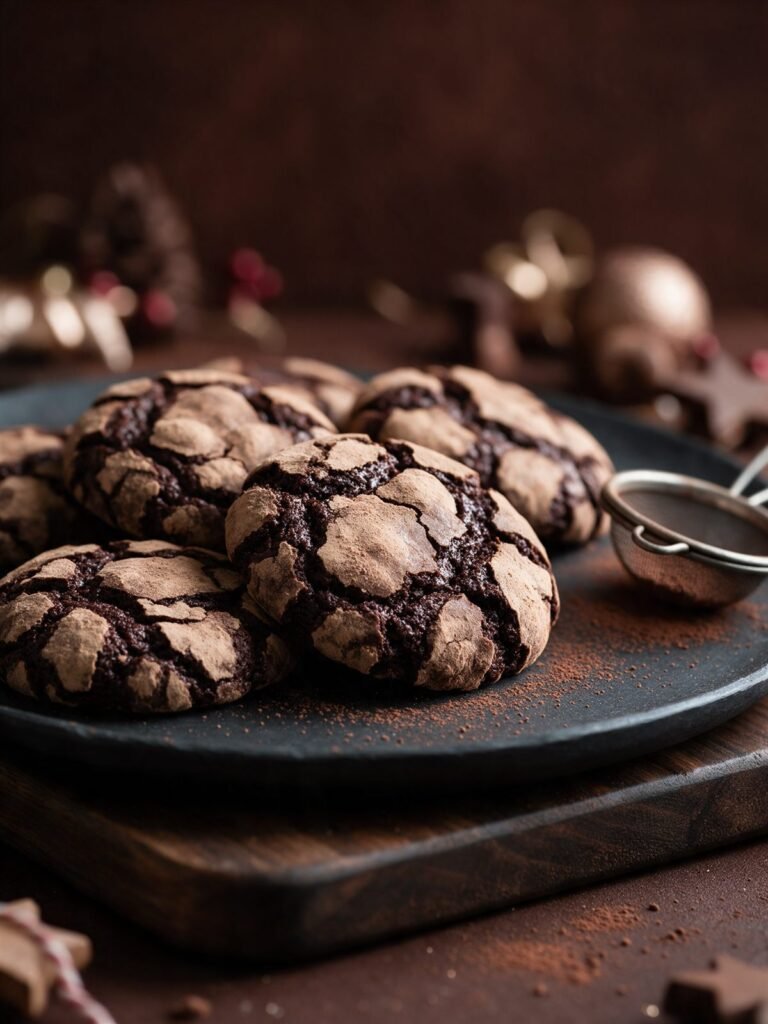 Healthy chocolate crinkle cookies on a dark plate