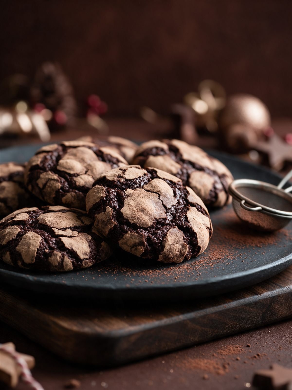 Healthy chocolate crinkle cookies on a dark plate