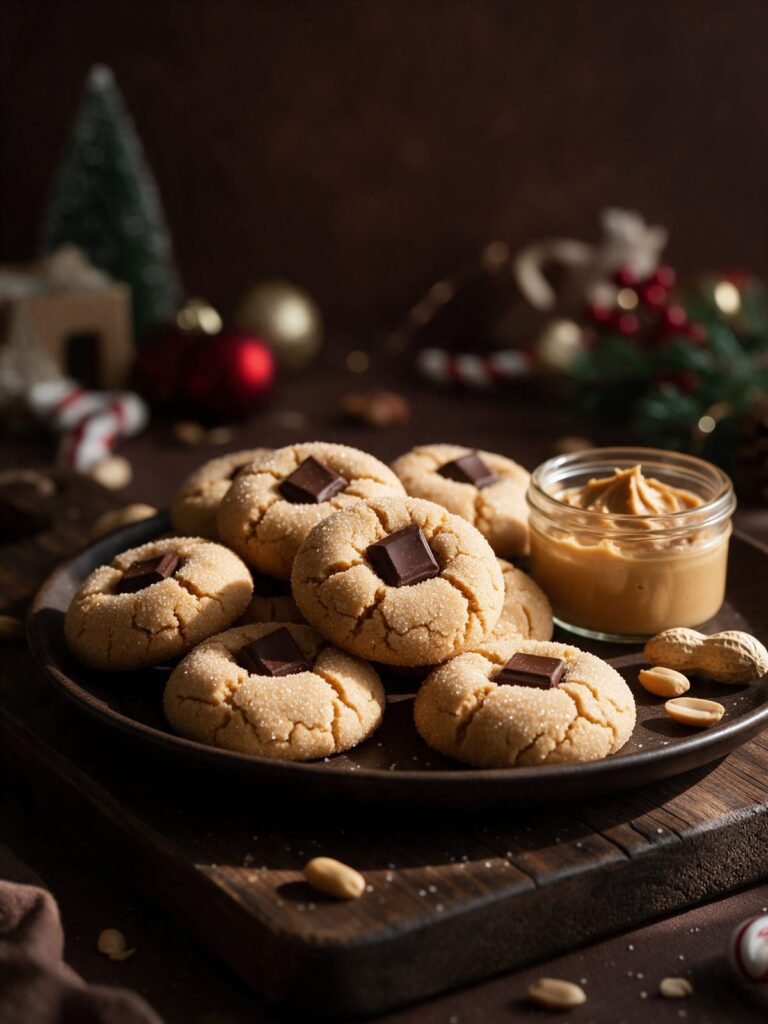 Healthy peanut butter blossom cookies with dark chocolate centers