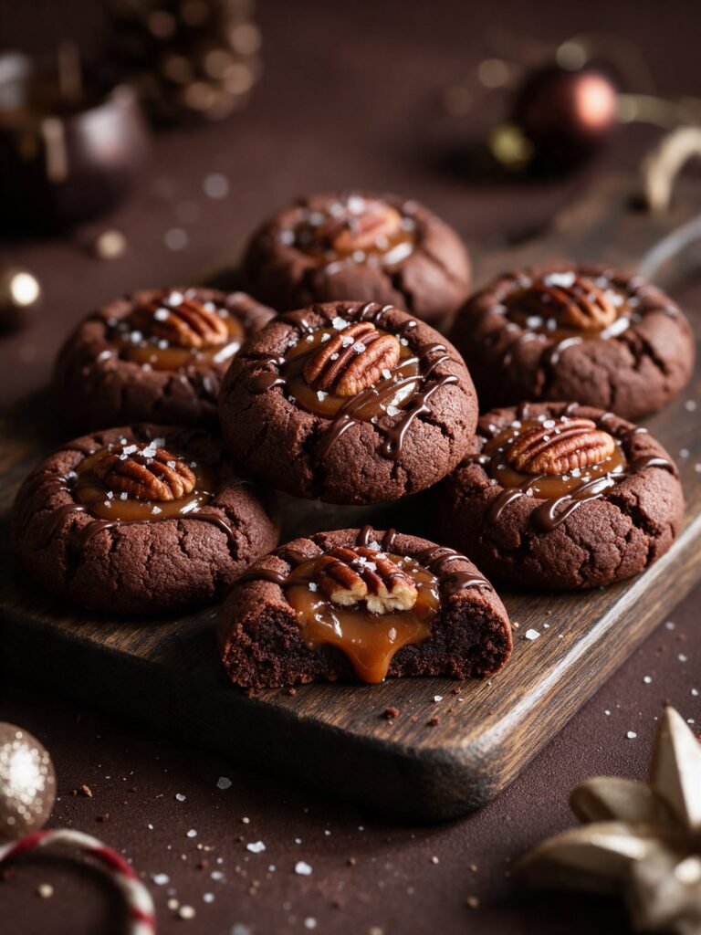 Salted caramel turtle thumbprint cookies with pecans