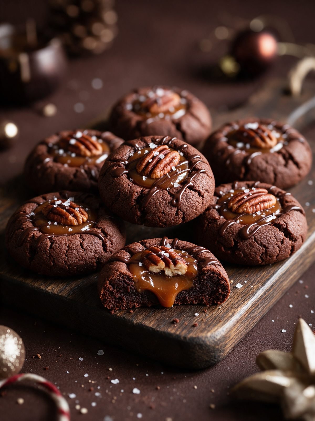 Salted caramel turtle thumbprint cookies with pecans